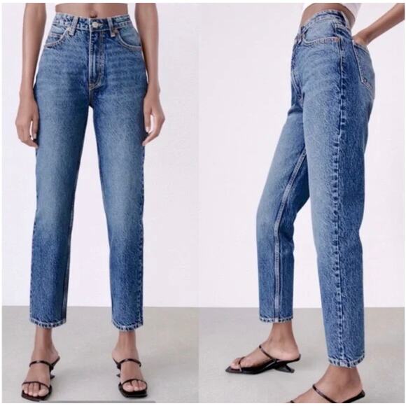 Zara Mom Jeans High Waisted Blue 100% Cotton Size 4 - Picture 1 of 7
